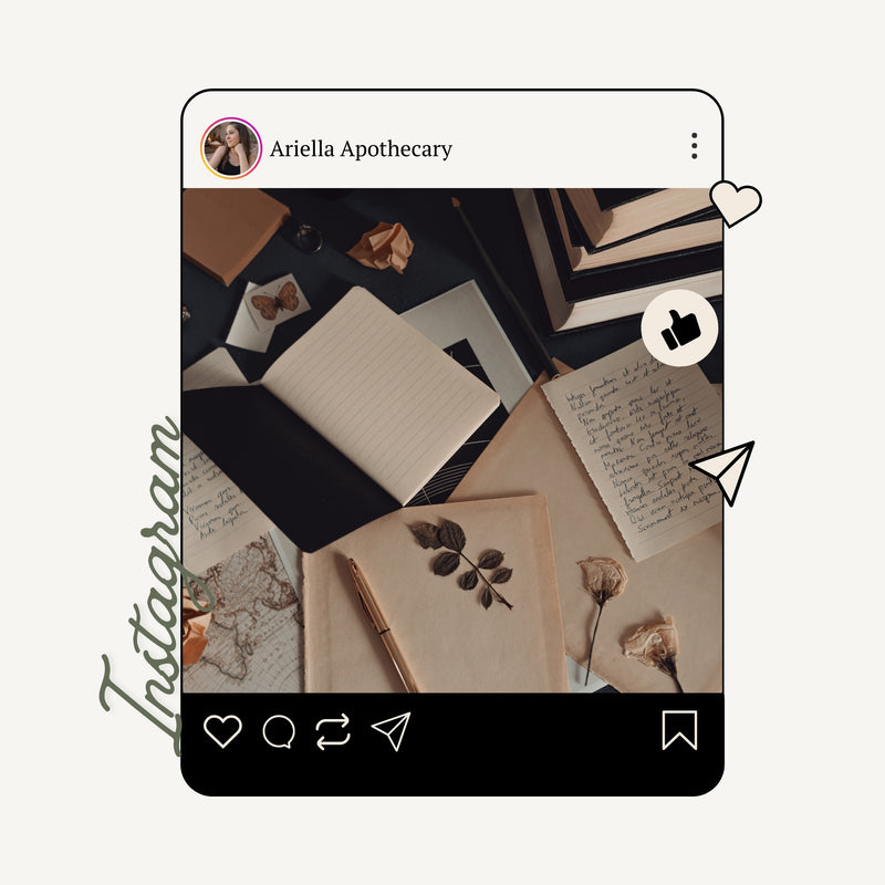 Instagram interface with a photo of books, letters, and dried flowers on a white background.